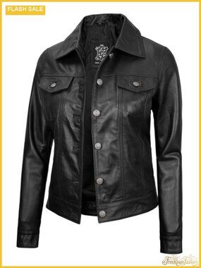 Lambskin Leather Trucker Jacket Button Closure Regular Fit